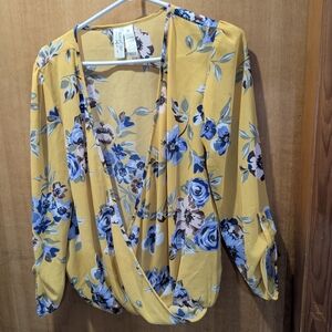 Midnight Sky Floral Wrap Blouse in Yellow and Blue